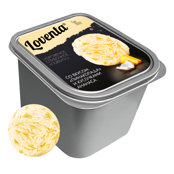 “LOVENTA” cream ice cream with pina colada flavor and pineapple pieces “LOVENTA” cream ice cream with pina colada flavor and pineapple pieces