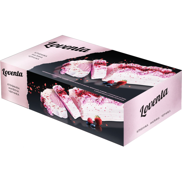 «LOVENTA» ice-cream-cake two-layer with blueberry cheesecake flavor, raspberry pieces and strawberry-raspberry-blackberry flavor «LOVENTA» ice-cream-cake two-layer with blueberry cheesecake flavor, raspberry pieces and strawberry-raspberry-blackberry flavor
