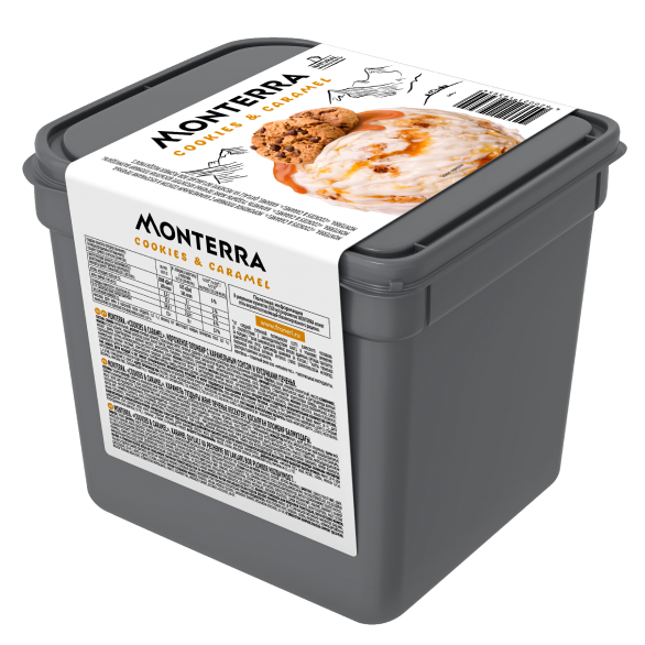 “MONTERRA” ice cream with caramel sauce and cookie pieces “MONTERRA” ice cream with caramel sauce and cookie pieces